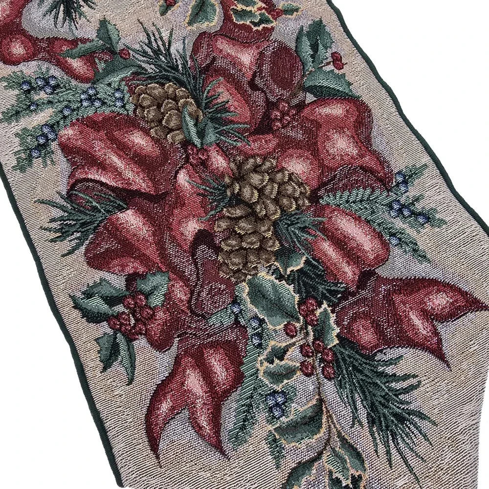 Christmas Woven Tapestry Table Runner Poinsettia Pinecone Tassel Green Red 70in